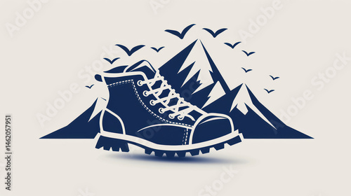 Adventure Footwear with Mountain Landscape and Birds in the Background for Outdoor Activities and Hiking Enthusiasts