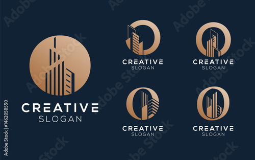 Set bundling letter O with building or architect logo design in luxury colors