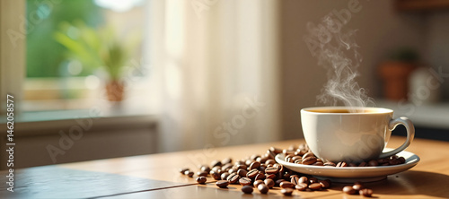 Steaming cup of coffee with beans on wooden table by sunlit window, cozy morning brewing with copy space, cozy kitchen atmosphere