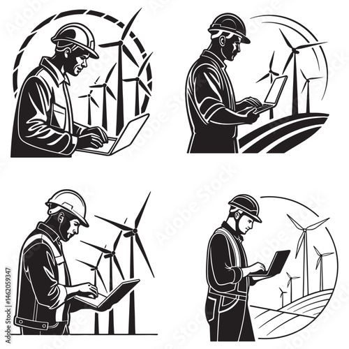 Male engineer with laptop working at wind turbine farm vector