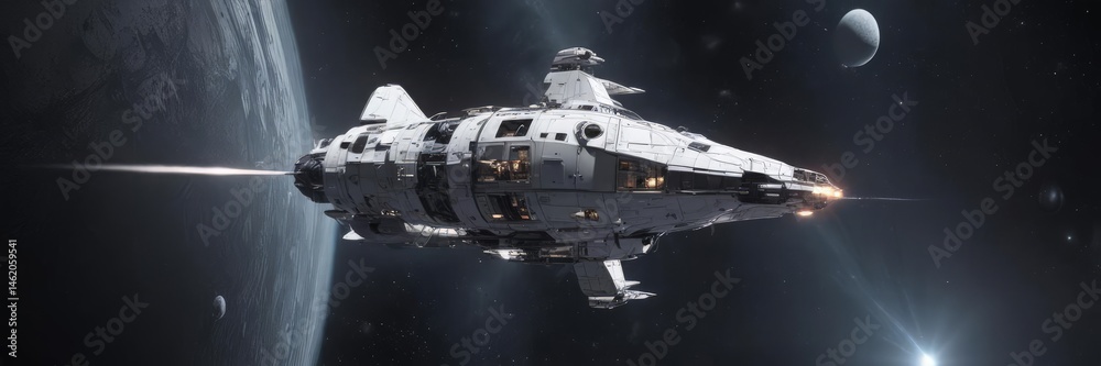 Sleek spacecraft orbiting luminous white planet , vehicle, astronomy