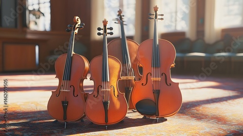 Elegant stringed instruments displayed in a grand hall.
