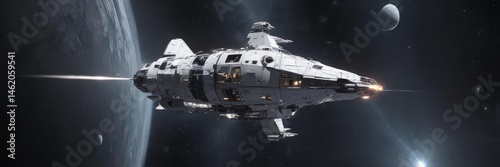 Obraz na płótnie Sleek spacecraft orbiting luminous white planet , vehicle, astronomy w salonie