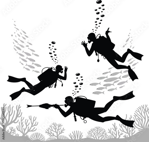 Hand-drawn scuba diver silhouettes vector illustration depicts a scuba diver 