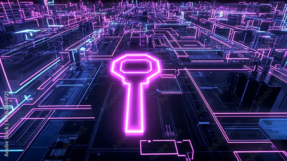 Futuristic city network with glowing key