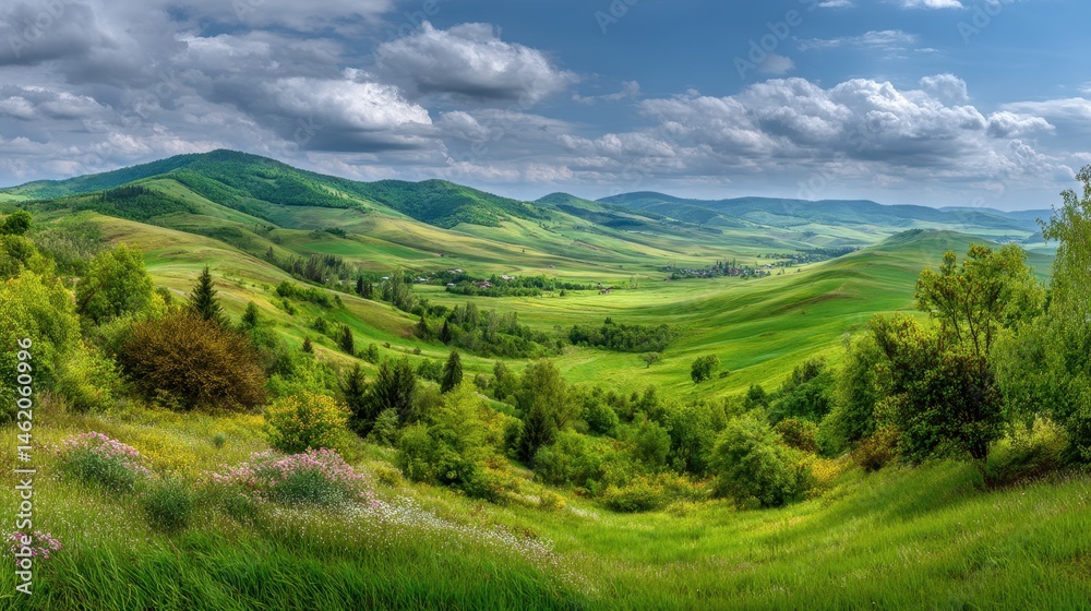 Fototapeta premium Lush Green Valley Landscape Under Partly Cloudy Sky