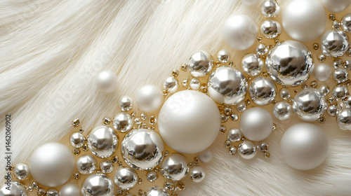 Elegant Pearl Ornament Decorated With Gold And Silver Balls On White Fabric