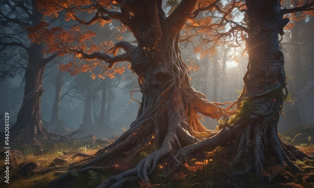 Glowing fungal tree, ethereal tendrils; ancient bark, vibrant hues, mystical, texture, magic