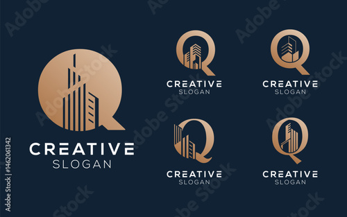 Set bundling letter Q with building or architect logo design in luxury colors