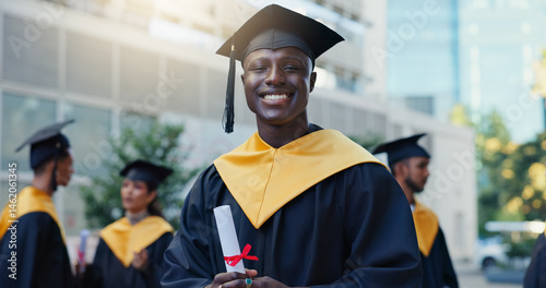 Man, student and graduation with diploma in city, education and pride for achievement at college campus. Person, excited and certificate for learning, scholarship or outdoor in portrait at university