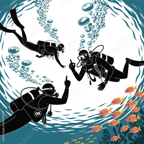 Hand-drawn scuba diver silhouettes vector illustration depicts a scuba diver 