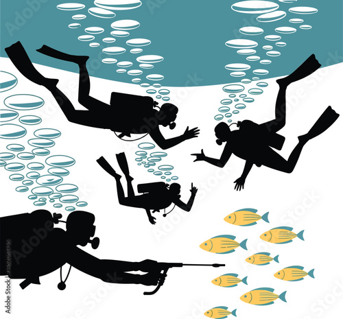 Hand-drawn scuba diver silhouettes vector illustration depicts a scuba diver 
