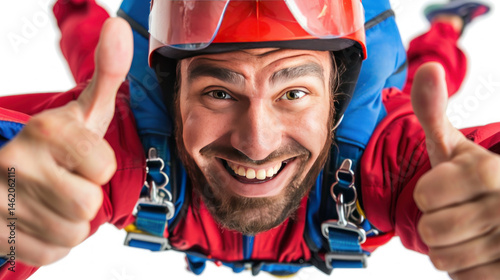 Joyful skydiver giving thumbs up in free fall over a bright background with enthusiasm and excitement, showcasing adventure and sports spirit