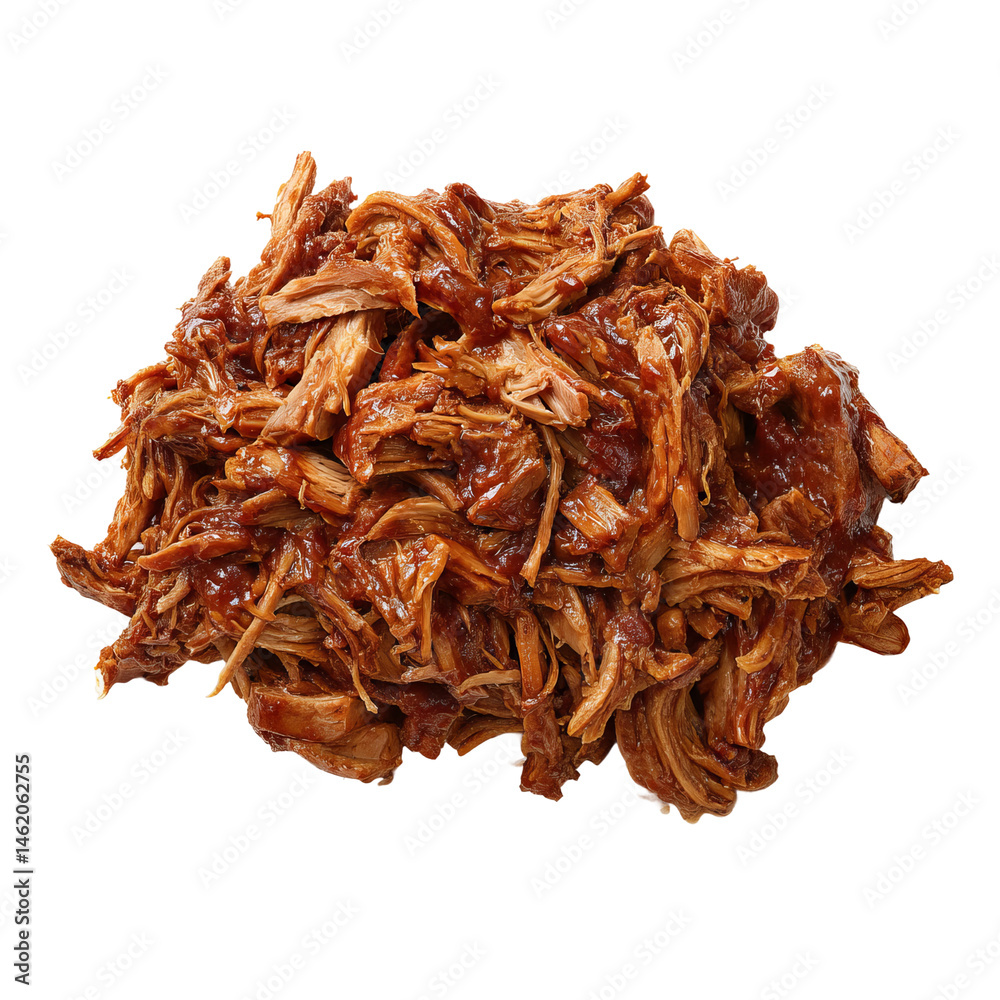 Obraz premium Close-up shot of delicious, tender pulled pork, coated in a rich, flavorful barbecue sauce. The image captures the mouthwatering texture and appetizing appearance of the dish. 