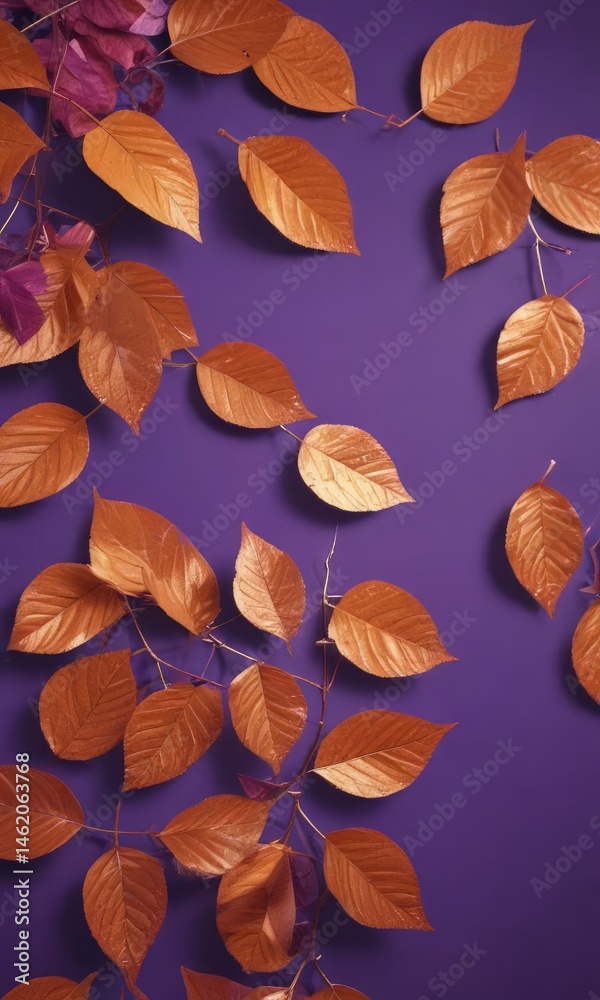 Dry orange metallic leaves, violet backdrop Geometric leaf arrangement, autumnal feel , wallpaper, repeat, dry