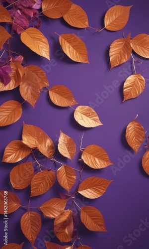 Obraz na płótnie Dry orange metallic leaves, violet backdrop Geometric leaf arrangement, autumnal feel , wallpaper, repeat, dry w salonie