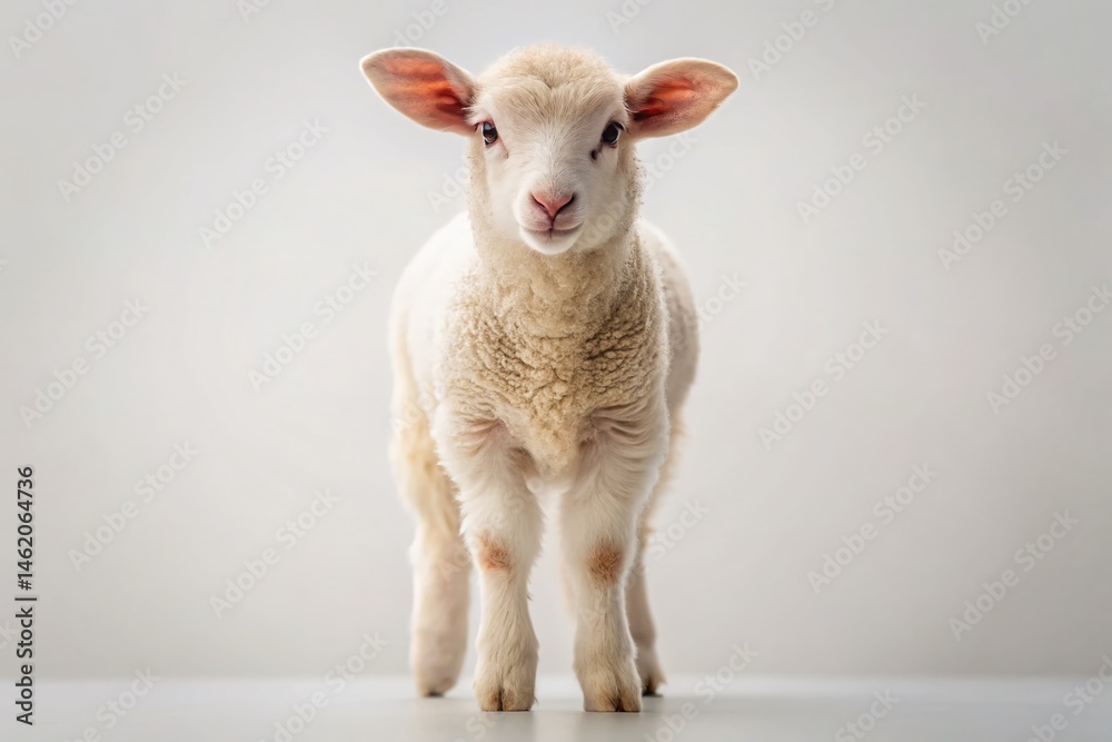 Fototapeta premium Adorable Minimalist Sheep: Cute Fluffy Lamb on White Background - Stock Photo