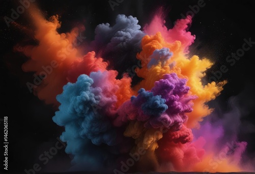Obraz na płótnie Swirling cloud of multicolored powder erupts against a deep black backdrop, radiating energy and intensity , pigment, colorful, design w salonie