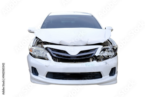 Car crash, Front view of white sedan car get damaged by accident on the road. damaged cars after collision. isolated on transparent background, PNG File