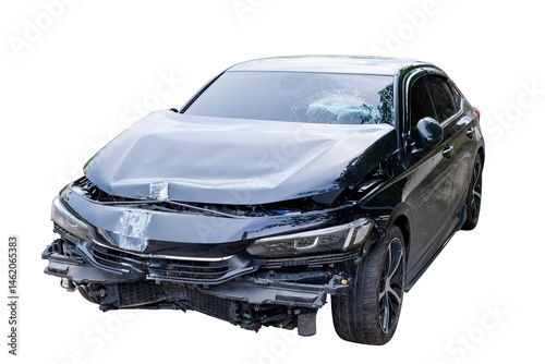 Car crash, Front and Side view of black sedan car get damaged by accident on the road. damaged cars after collision. isolated on transparent background. PNG File