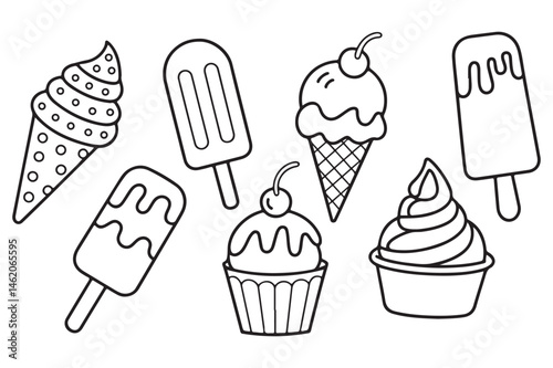Continuous one line ice cream. Hand drawn soft serve frozen desserts, cold popsicles and sundaes vector illustration set