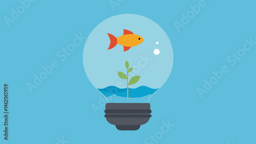 Lightbulb as a Fish Bowl A classic lightbulb is transformed into a fish bowl with a small goldfish swimming inside. The filament resembles a plant and bubbles rise to the top