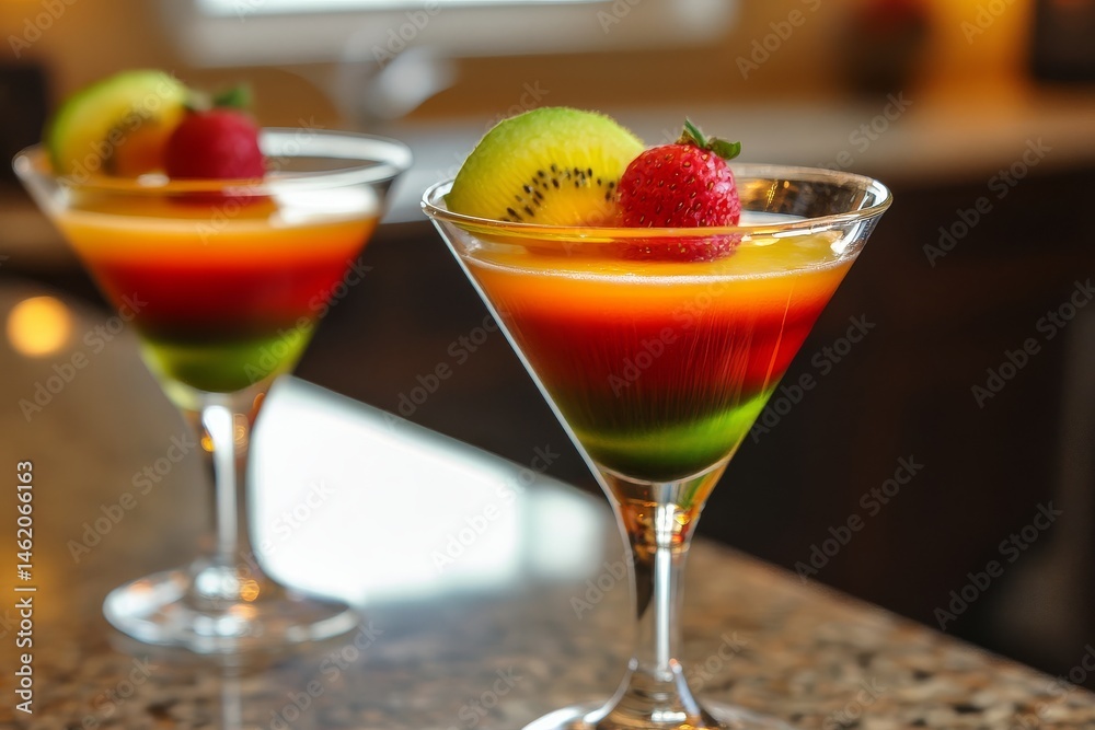 Cocktail chemistry experiment with layered liquids and fruit garnish, colorful drink science, liquid layering, bartending creativity, cocktail preparation, mixology, vibrant cocktails, drink art. Cocktail chemistry experiment with layered liquids and fruit garnish, colorful drink science, liquid layering, bartending creativity, cocktail preparation, mixology, vibrant cocktails, drink art.