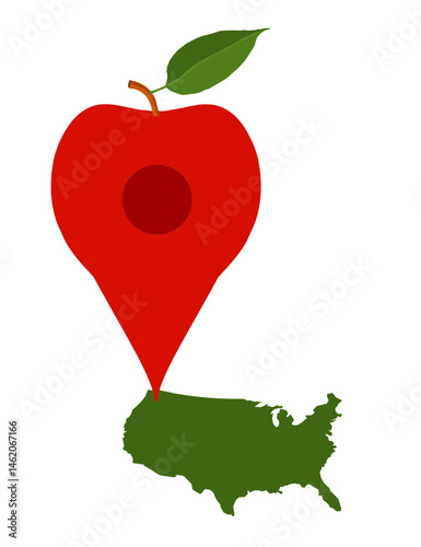 A map pin shaped like an apple marks Washington state as America's leading producer of apples. The state produces 50 percent of USA apples.