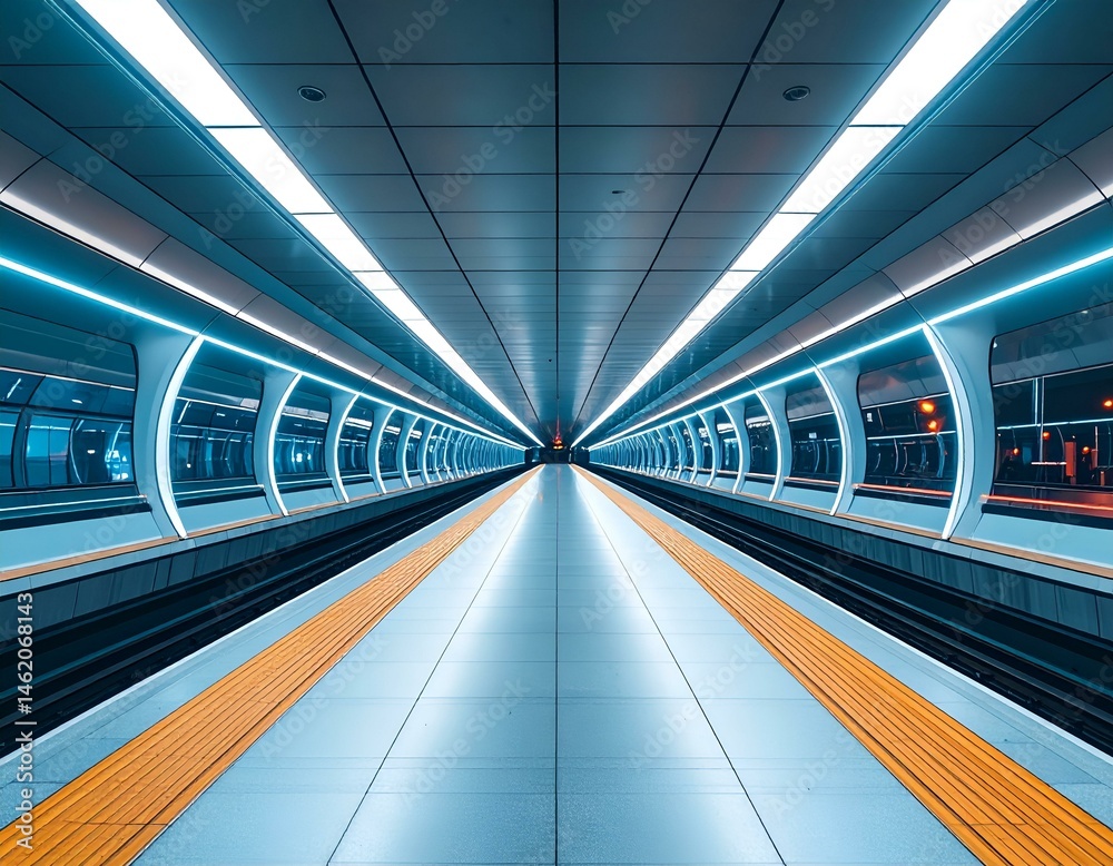 Fototapeta premium Modern subway platform with futuristic design, illuminated by bright lights. Empty platform, clean lines, symmetrical perspective.