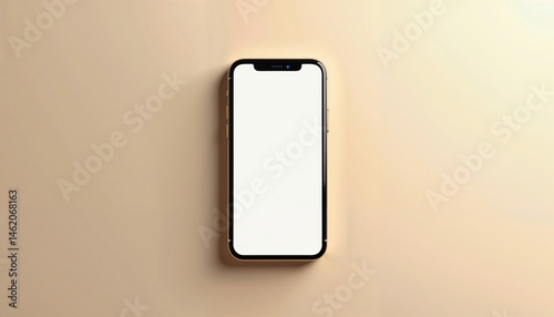 Mockup of cell phone lying in the center on golden beige background, minimalist flat design, neutral beige surface, app presentation mockup with copy space  
