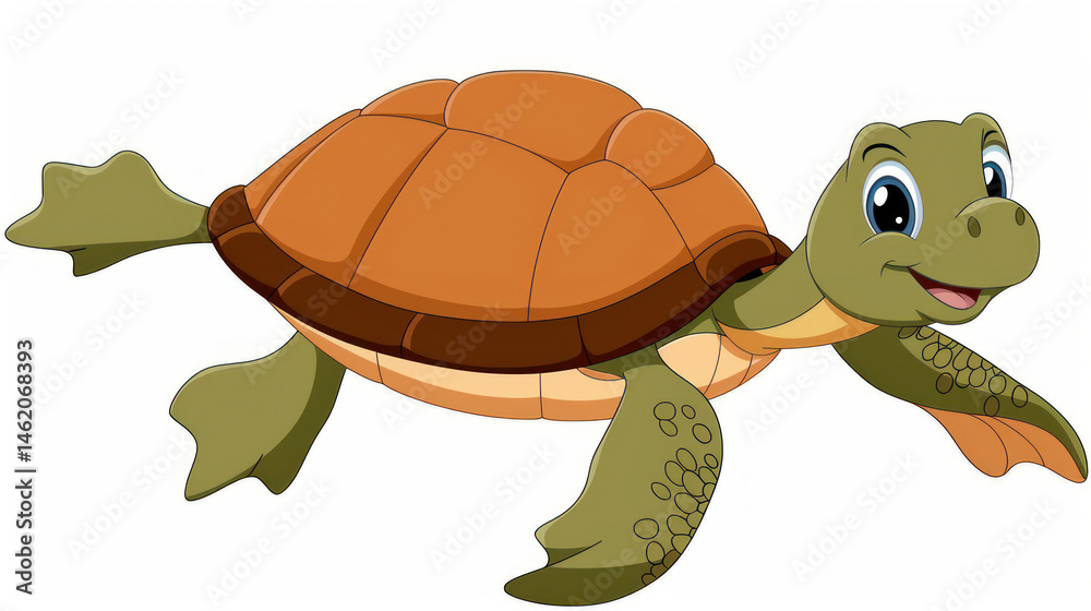 Obraz premium Friendly cartoon turtle swimming joyfully in an underwater scene, perfect for children's artwork or educational materials about marine life