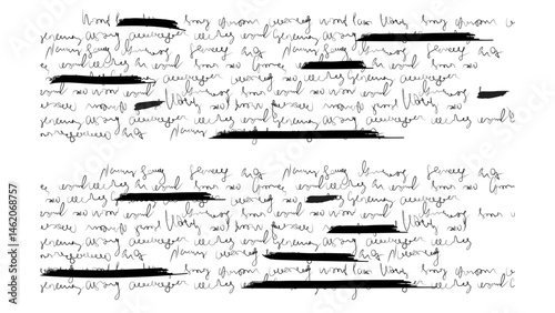 Redacted hand scribble text for letter. Write note with marker underline. Handwritten script and draft page. Pencil sketch with old ink. Cursive diary paper filled with strike and nonsense pattern