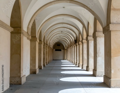 Serene arched colonnade, sunlight casts dramatic shadows on the floor. Perfect for architecture, design, and travel themes.