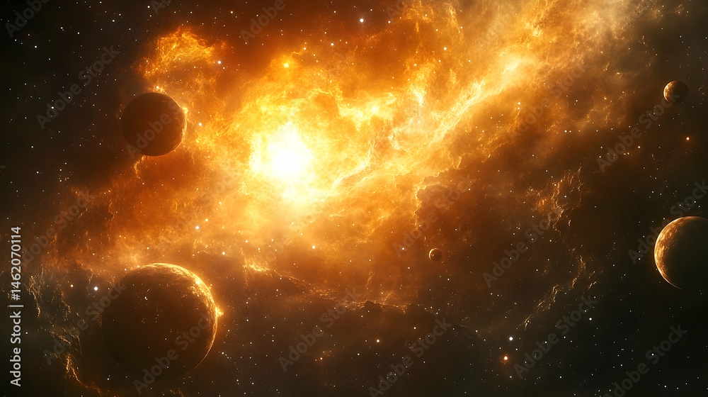 Fototapeta premium Fiery cosmic nebula with celestial bodies in deep space.