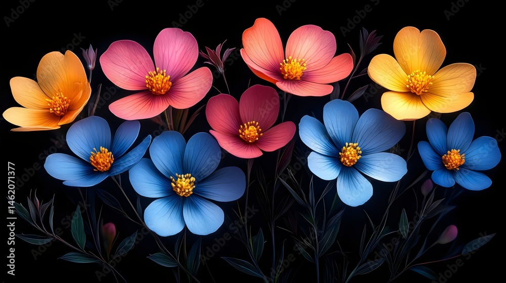 Obraz premium A bouquet of flowers with blue, pink, and yellow flowers