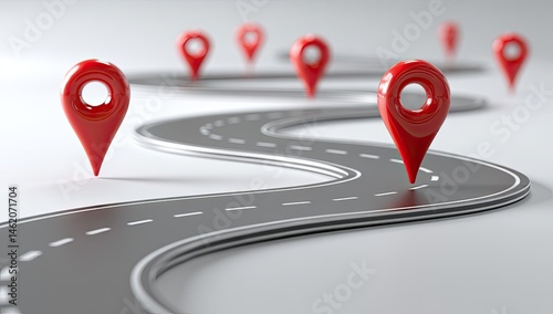 Winding road with red location markers.  A path of destinations, marked by multiple red map pins, curves through a grayscale road.  Strategic steps towards multiple goals