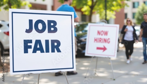 Job fair signs indicating employment opportunities and job seekers.