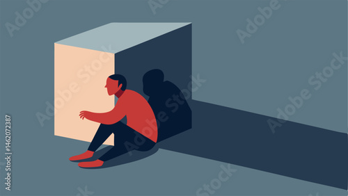 Illustration 4 Breaking Free A silhouette of a person sits with their back against the inner wall of a box. Spilling out from the box the shadow takes on a dynamic form hinting at