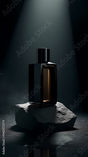 An elegant black perfume bottle illuminated by soft light, showcasing the luxurious aesthetics on the stone surface