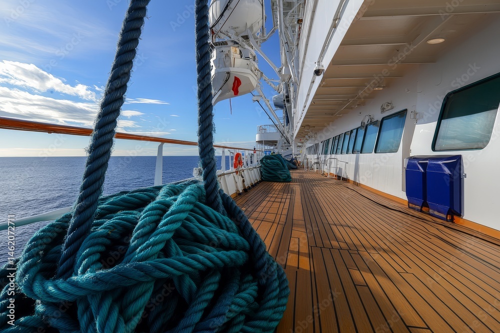 Obraz premium Cruise ship deck activities panorama with nautical rope details, outdoor recreation, sea voyage, maritime lifestyle, travel adventure, leisure on deck, ocean view, cruising.