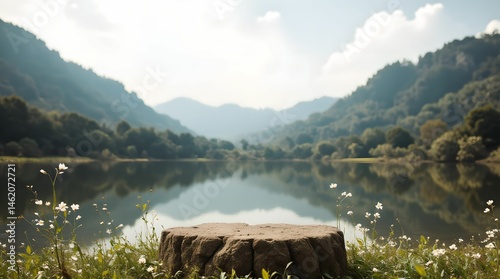 Stone podium against the backdrop of a lake