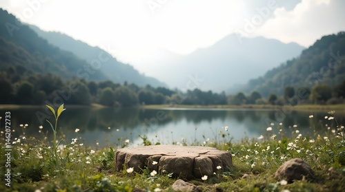 Stone podium against the backdrop of a lake