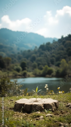 Stone podium against the backdrop of a lake