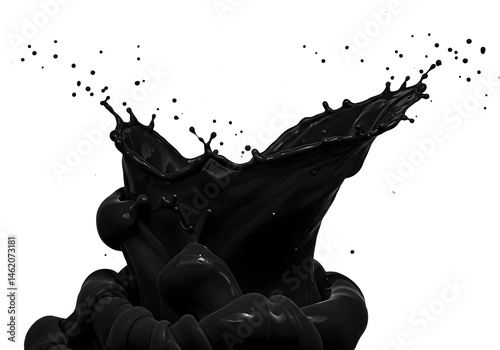 Dramatic black liquid splash against a stark black background.  Dynamic movement and texture.