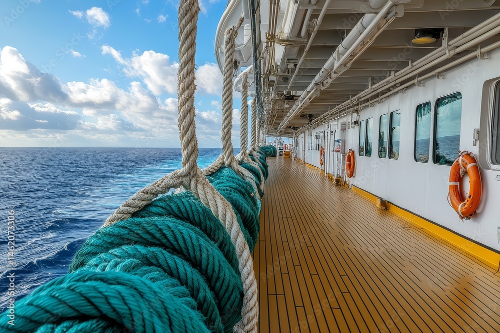 Obraz premium Cruise ship deck activities panorama with nautical rope details, outdoor recreation, sea voyage, maritime lifestyle, travel adventure, leisure on deck, ocean view, cruising.