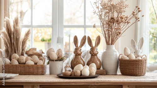 A beautifully arranged Easter-themed interior with a balanced mix of warm neutrals, rattan textures, and ceramic rabbits. A timeless blend of modern and rustic charm