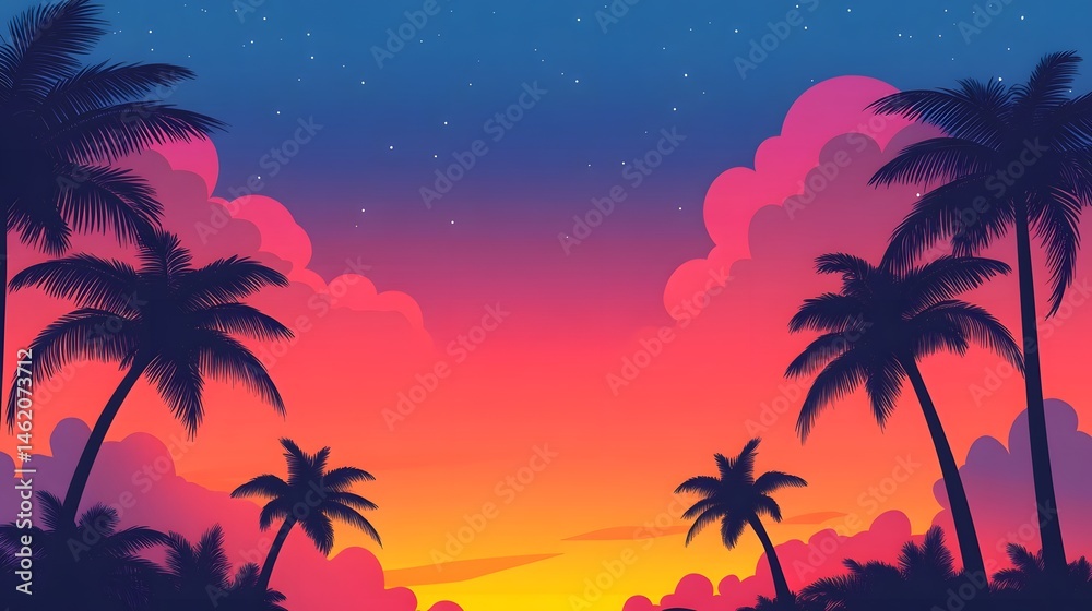 Obraz premium Vibrant sunset sky with colorful clouds and palm tree silhouettes