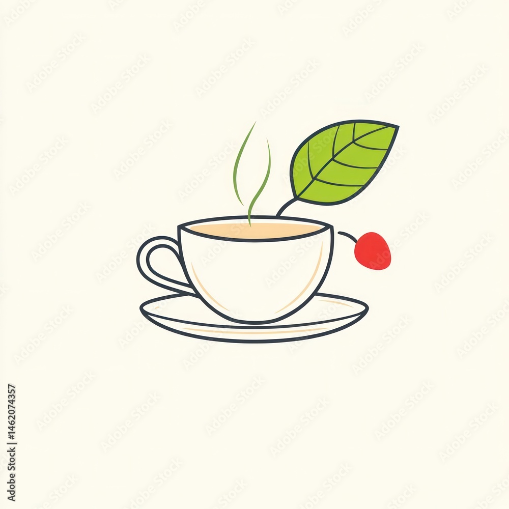 Obraz premium Simple teacup illustration, light background, steaming drink, decorative leaf, use for tea shop, logo, or poster