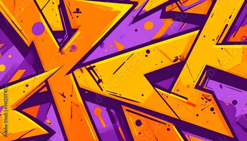 Abstract orange and purple graffiti art. Dynamic design, vibrant colors, geometric shapes. Ideal for backgrounds, wallpapers, and digital art projects.