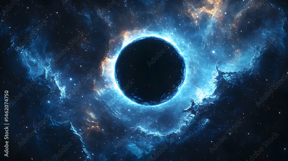 Naklejka premium Cosmic void surrounded by glowing nebulae.